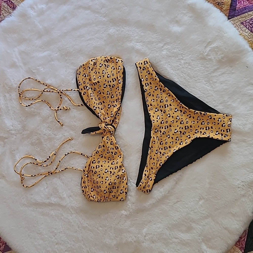 2 PC Sugar Coast Yellow & Black Animal Print Sexy Beach Swim Pinup Bikini